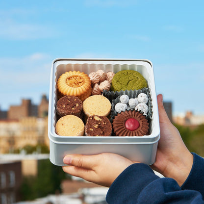 A variety of cookies arranged in a square tin, held by a person with a cityscape in the background.