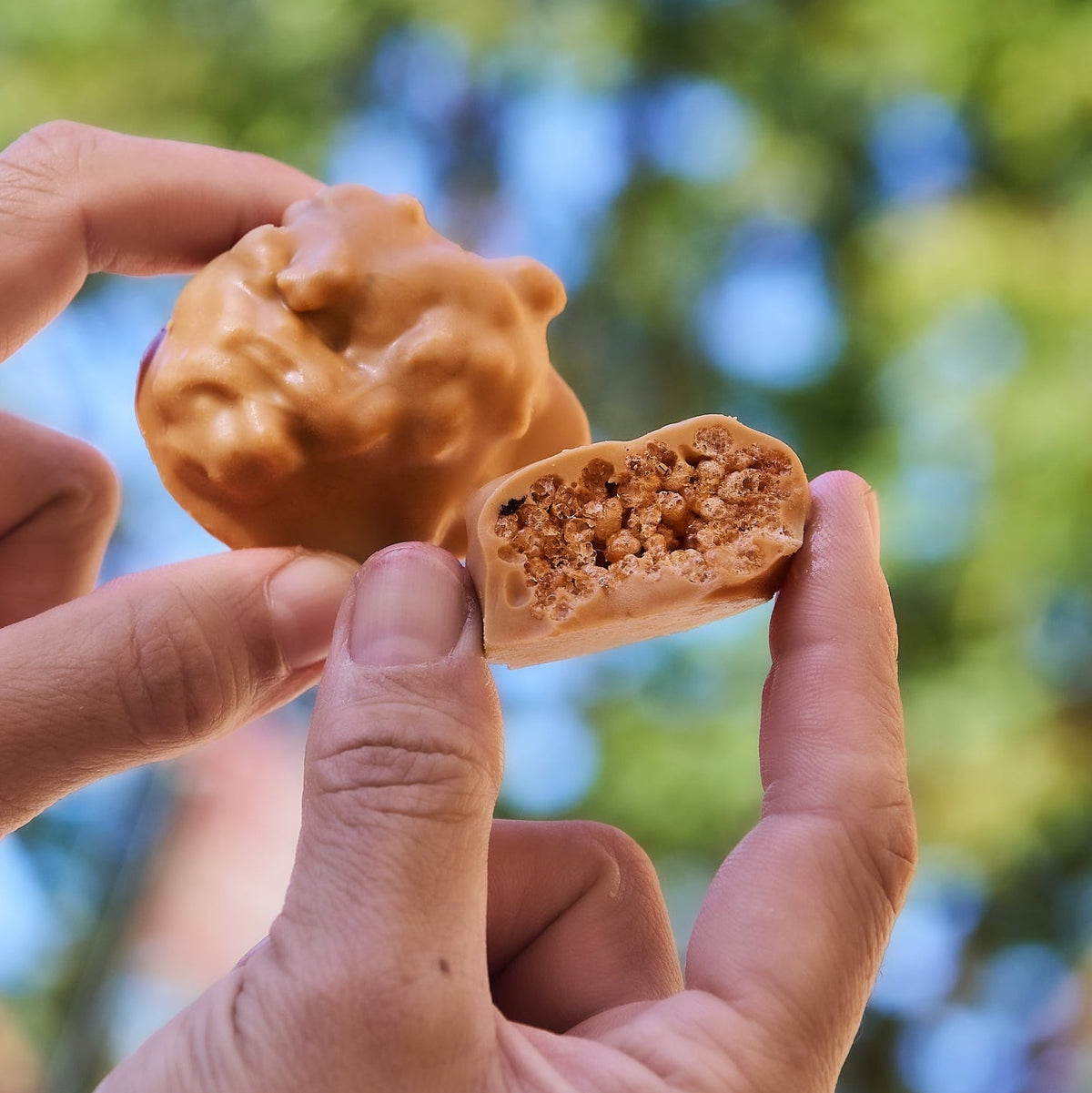 Two hands holding a golden-brown caramel candy, with one piece broken open to show the textured filling, set against a blurred green and blue outdoor background.